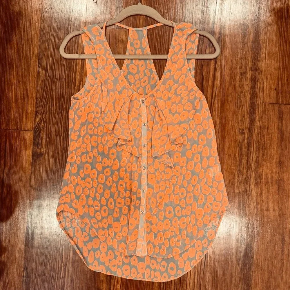 Yoana Baraschi Bright Orange/Grey Leopard Print Sleeveless Sheer Top, XS